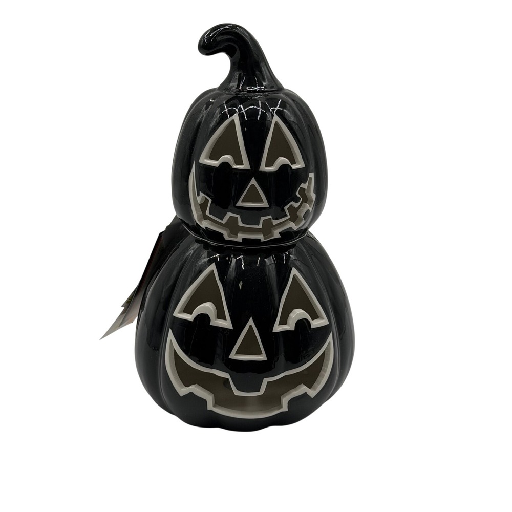 HallowHome Black Ceramic Stacked JackOLantern LED Lighted Halloween Decor 11.5in